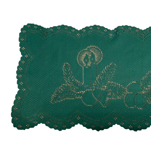 Holiday Embroidered Table Runner Green Candle Berries Lace. - Picture 3 of 7